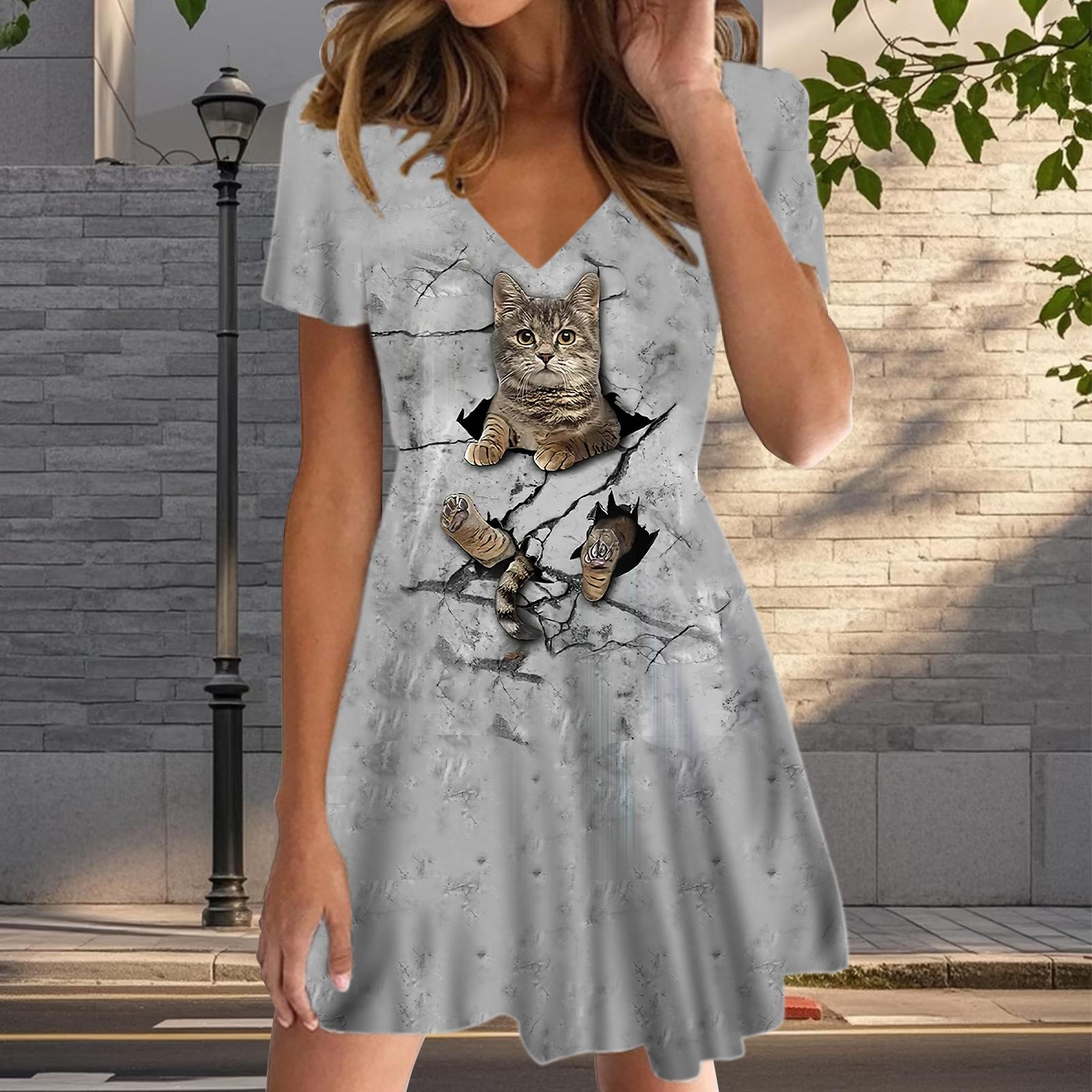 

Летняя мода женские V-образный вырез короткий рукав милый котенок принт платье сексуальные короткие юбки платья 8XL чёрный