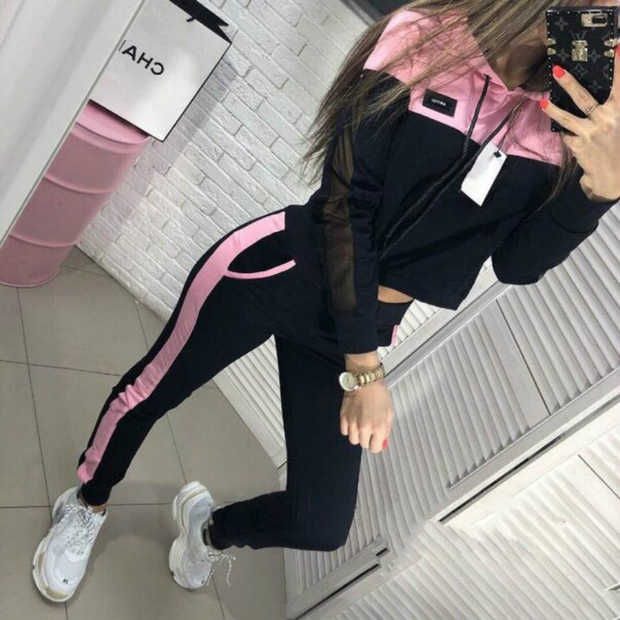 Hot Selling Autumn Women's Sweatshirt Set Mesh Patchwork Two Piece Outfit
