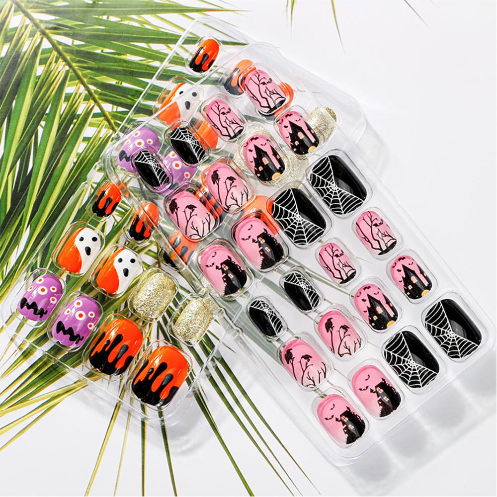 Glue Self Press On Fire Full Cover Nail Art Decorations Fake Nail Tips Manicure Short False Nails