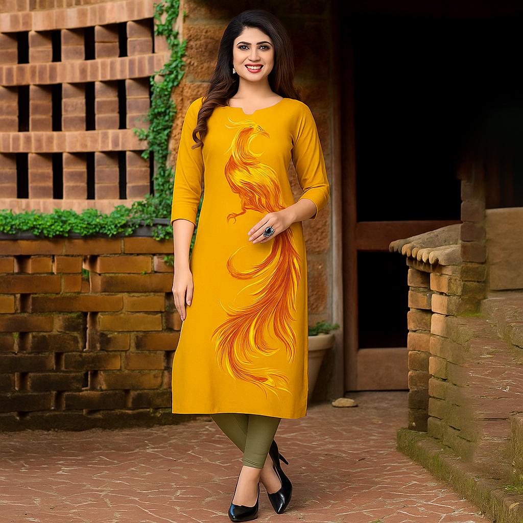 

V-neck stylish design peacock print kurti, breathable fabric allows the skin to breathe freely, stylish design shows a unique feel, tops only S бежевий