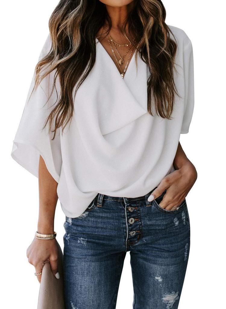 European & American V-neck Loose Chiffon Shirt - Women's Casual Top
