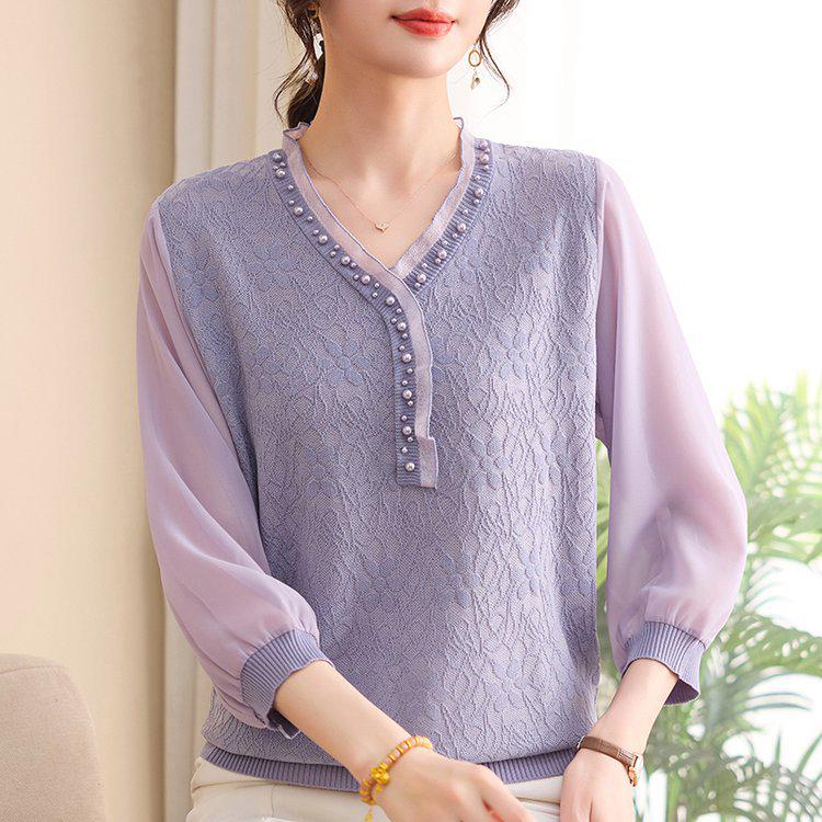 

Chic Pearl-Embellished Lace Patchwork Loose T-shirt for Mature Women 4XL (135-150 jin) фиолетовый