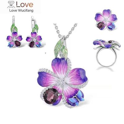Set di gioielli popolari in smalto a forma di farfalla viola per donna, collana, orecchini e anelli alla moda, accessori per feste di nozze