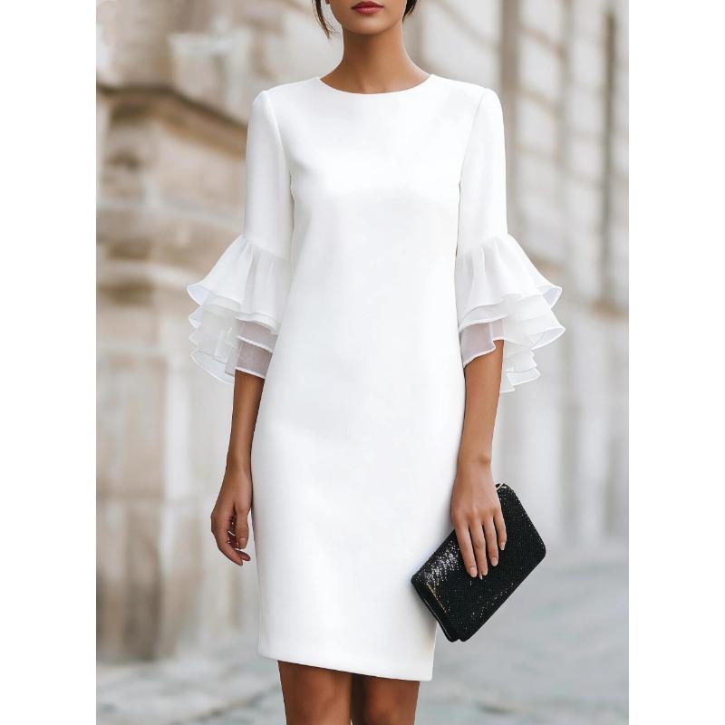 MGHR Women's Fashion Summer Spring 1/2 Sleeves O-Neck Solid Color Print Casual Dresses