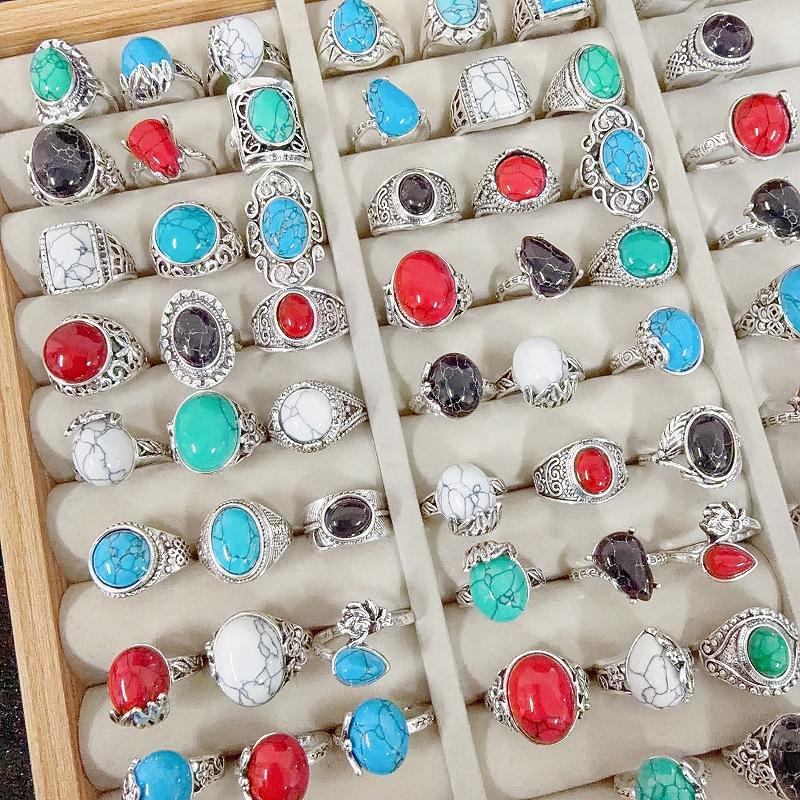 10 Stück Damen Vintage geometrischer Türkisring - Grüner Türkisring für den Zeigefinger, Schmuckzubehör