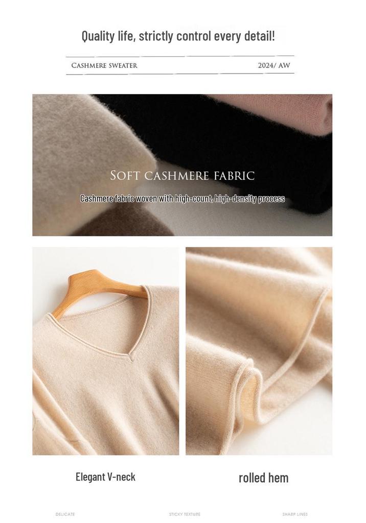 Women's V-Neck Cashmere Pullover Sweater - Loose Fit, Long Sleeve, Versatile for Autumn & Winter.
