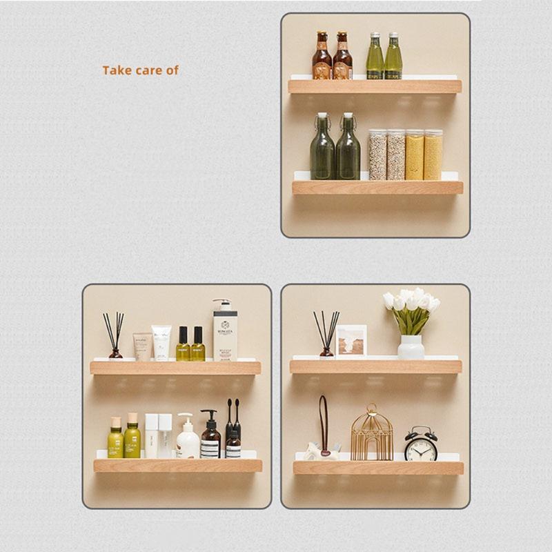 Simple Solid Wood Water Proof Bathroom Shelf for Washbasin Cosmetics Non Perforated Livingroom Wall Mounted Home Decorative Rack