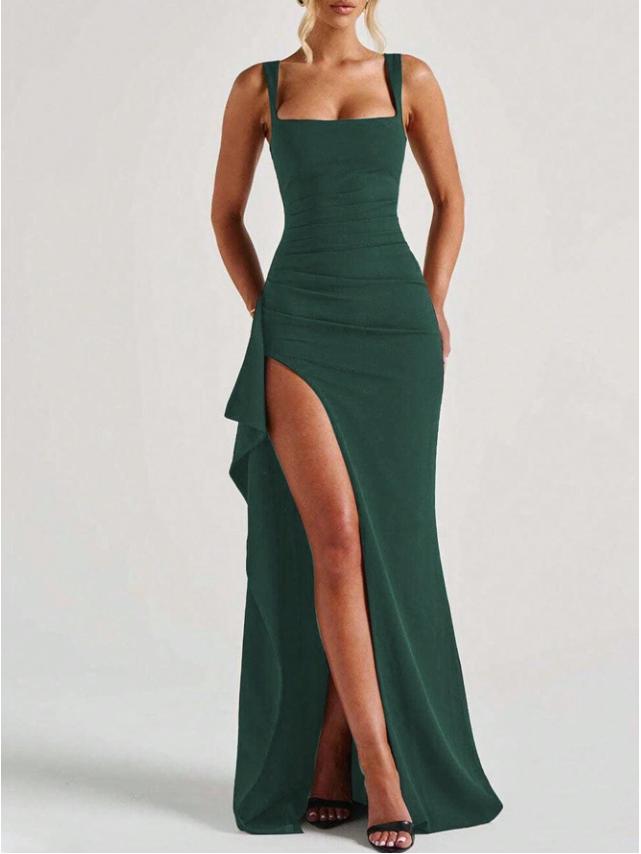 

Элегантное однотонное облегающее платье с разрезом на тонких бретельках 2025 Medium