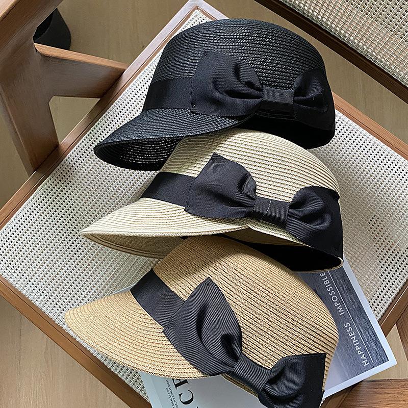 

Bow duck tongue straw hat women s vacation shading summer seaside top hat sun protection beach hat fisherman hat Adult (54-58cm) бежевий