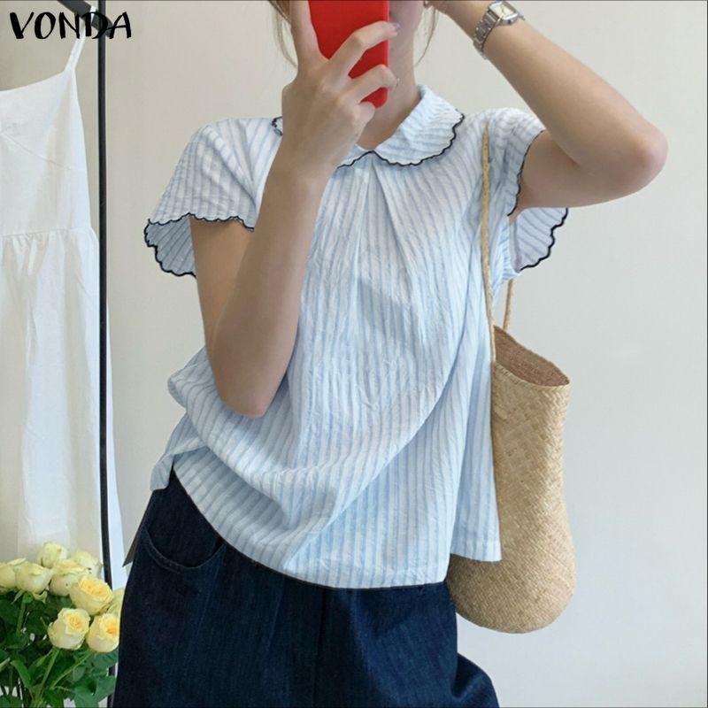 VONDA Summer Women Striped Print Casual Short Sleeve Blouse T-shirts