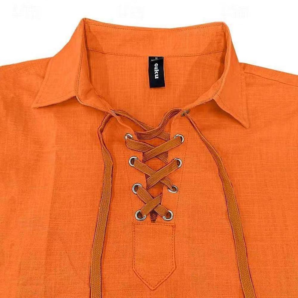 Men's 100% Linen Shirt Long Sleeve Lace Up Neck Casual Spring Summer Breathable Shirts Men Clothing