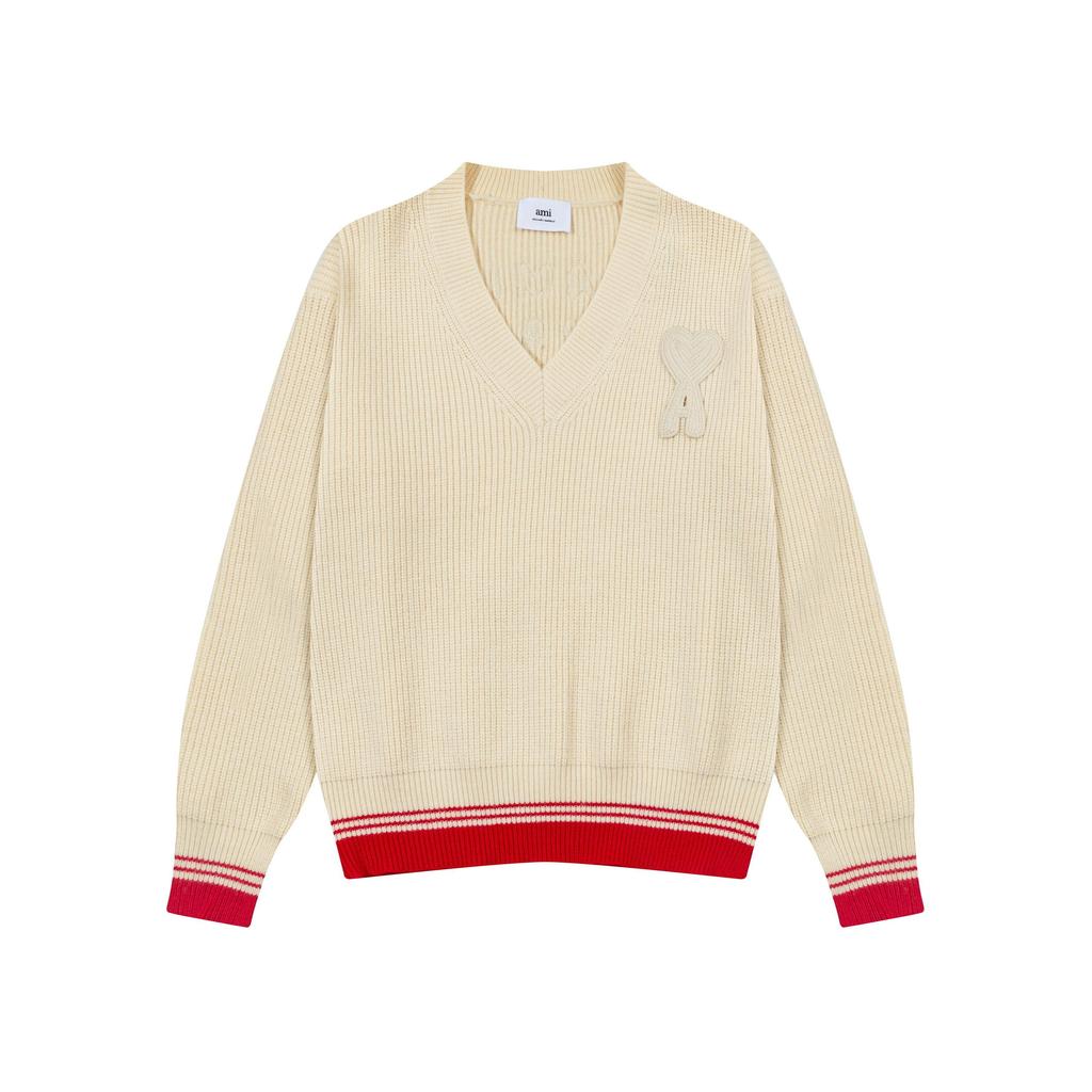 AMI New Autumn and Winter Knitted Striped V-neck Pullover, Long Sleeved with Heart-shaped Text Logo, Knitted Sheep Sweater Jacket