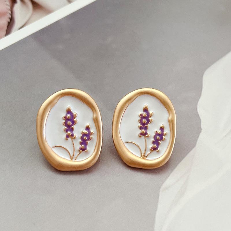 

Французские ретро лавандовые цветочные эмалевые серьги-пусеты из серебра 925 пробы