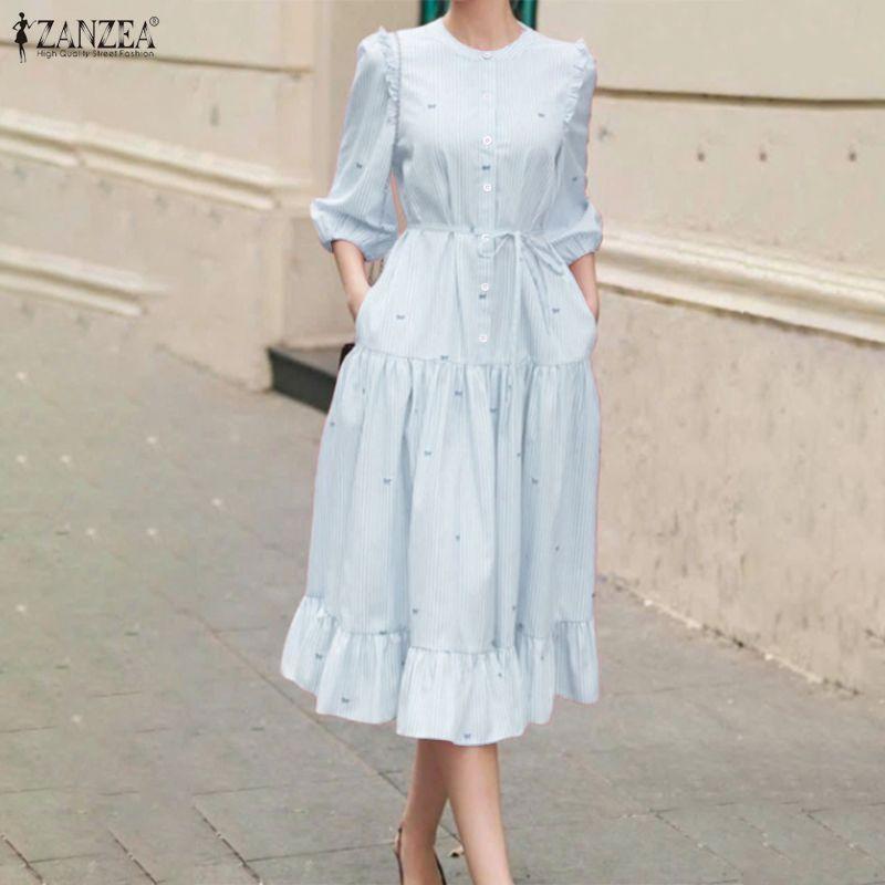 ZANZEA Damen Freizeit Rundhals 3/4 Ärmel Locker Gestreiftes Kleid