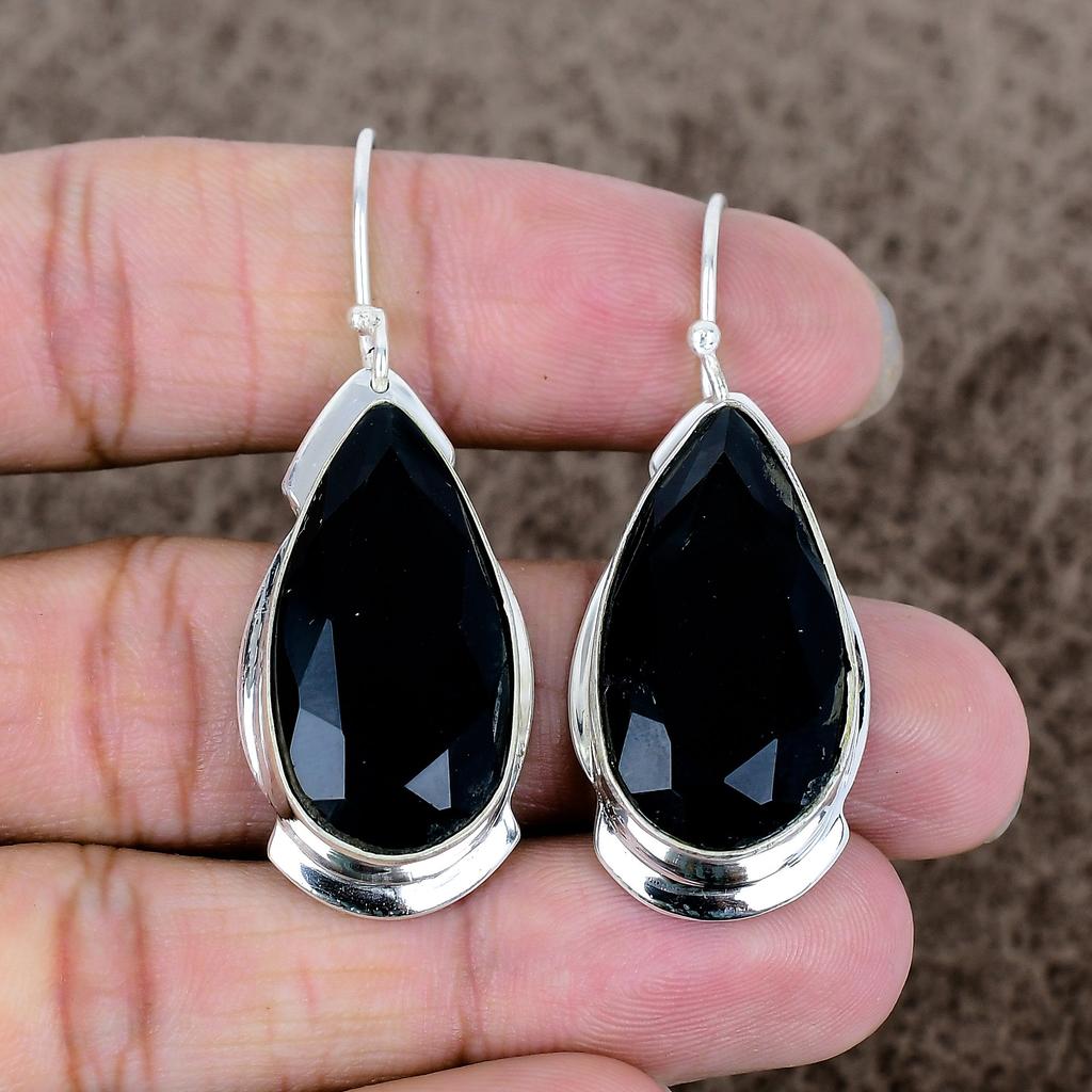 Black Spinel Gemstone Handmade 925 Sterling Silver Jewelry Earring 2.01" KKG-623