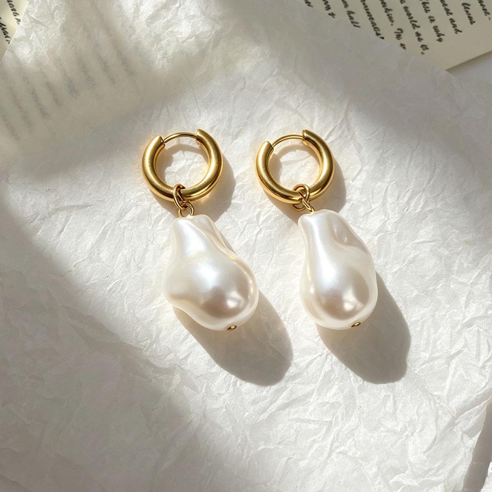 European and American 18K Gold Plated Stainless Steel Irregular Pearl Hoop Earrings