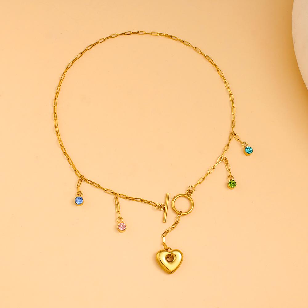 Colorful Zircon Heart Pendant Necklace for Women - Stainless Steel, Elegant Versatile золотой