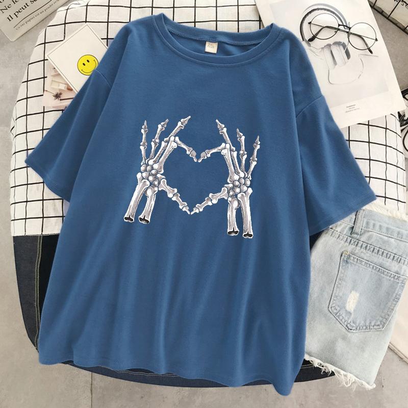 Skelettfinger Vergleichen Mit Dem Herz-Print Damen T-Shirt Street Casual T-Shirt Übergroße Weiche T-Shirts Baumwolle Atmungsaktive T-Shirts