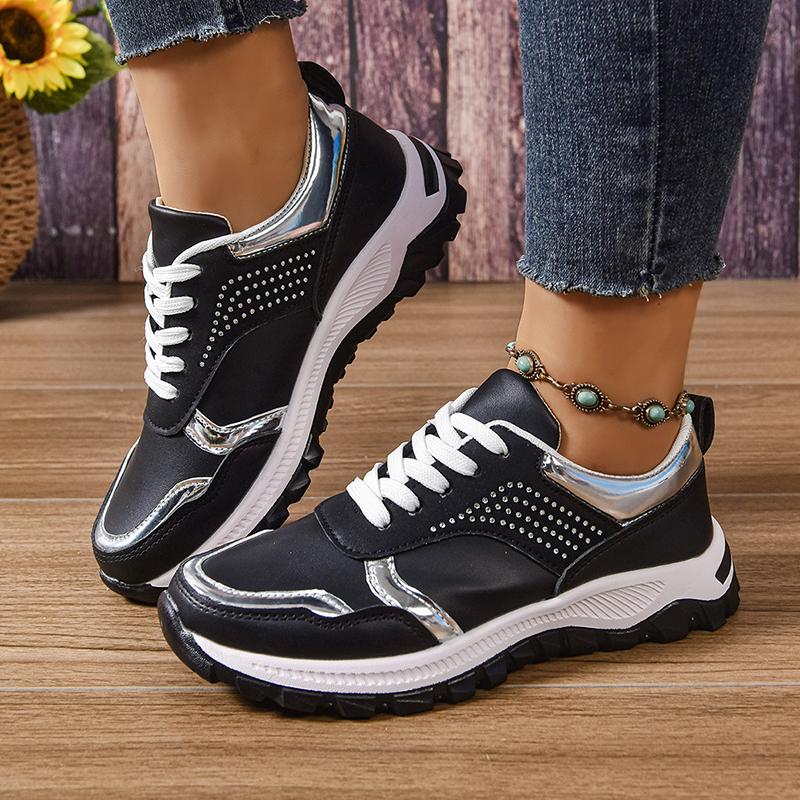 Fashion Pu Leather Platform Sport Shoes Women 2025 Crystal Decor Thick Bottom Sneakers Woman Plus Size Non Slip Casual Walking Shoes 43