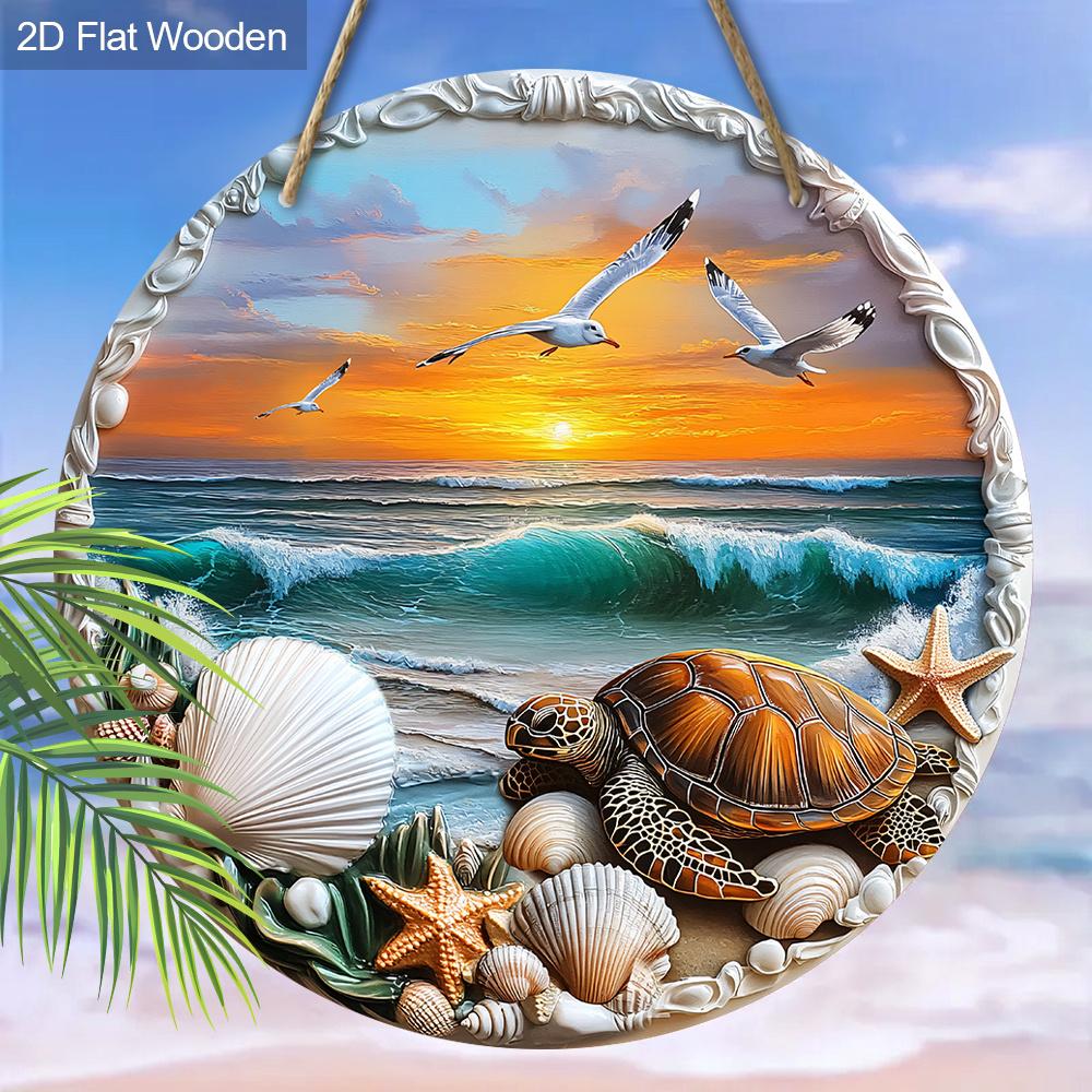 Wooden Sign with Sunshine Beach Turtle Pattern - Unique Seaside Scenery Round Sign for Front Door, Wall Decor - Ideal Home Hanging Ornament