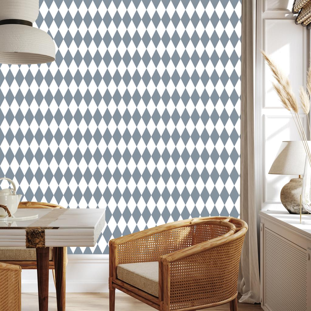 Harlequin Diamonds Wallpaper Blue and Light Gray 50x1000