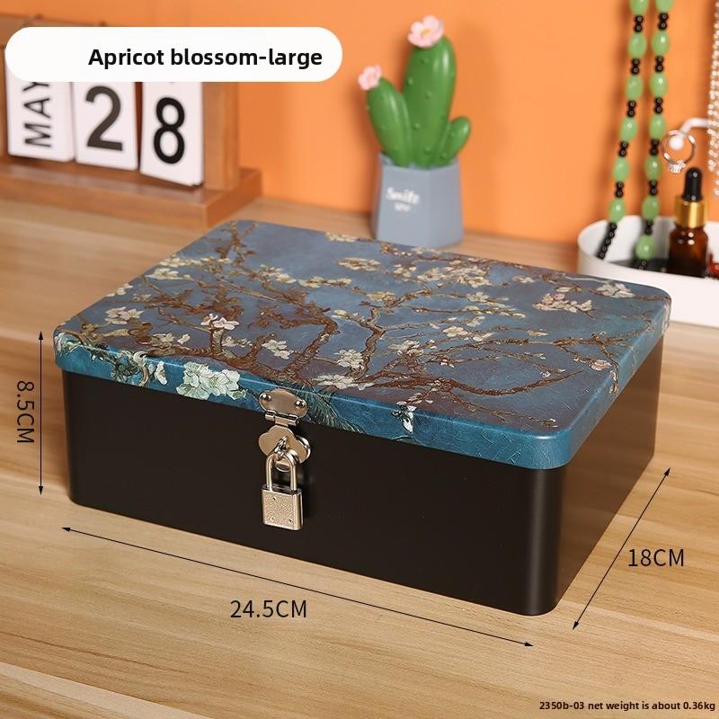 Retro Tinplate Box with Lock Key, Desktop Storage Box, Cosmetics, ID Storage, Household Jewelry Empty Box.