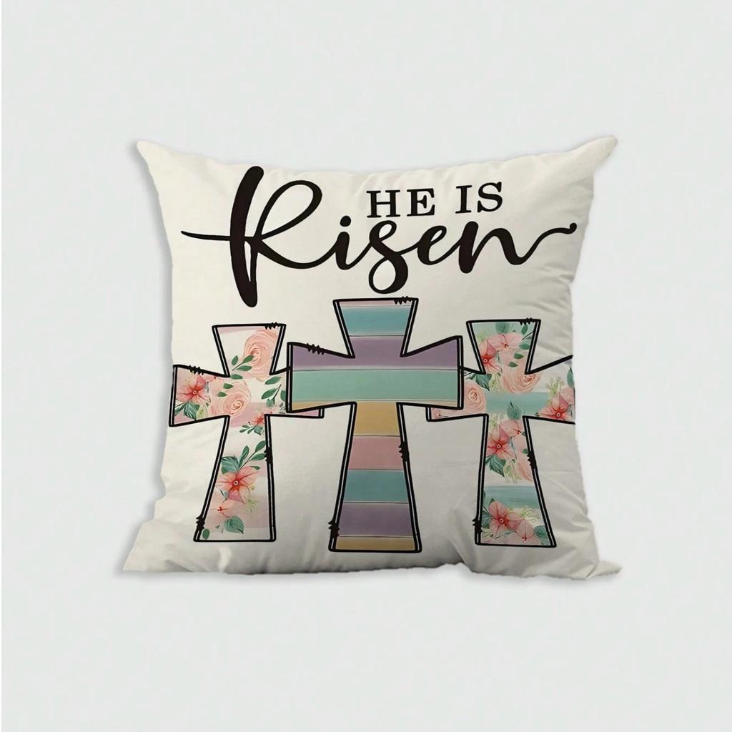 1pc He Is Risen Easter Themed Short Plush Pillow Cover, Versatile, 18"