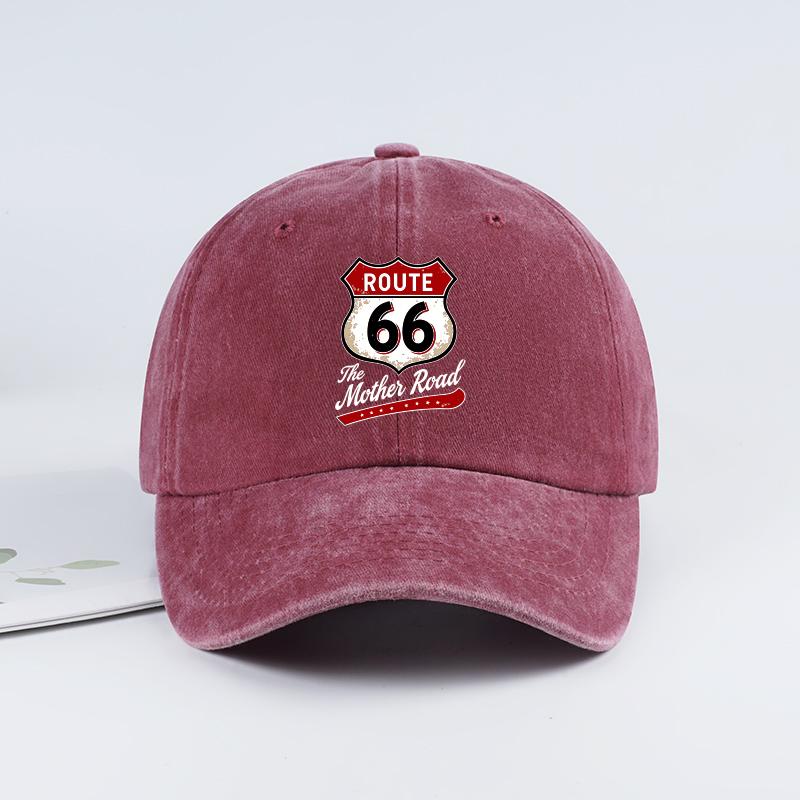 Vintage Route 66  The Mother Road  Print Washed Baseball Cap Adjustable Unisex Biker Travel Sun Hat