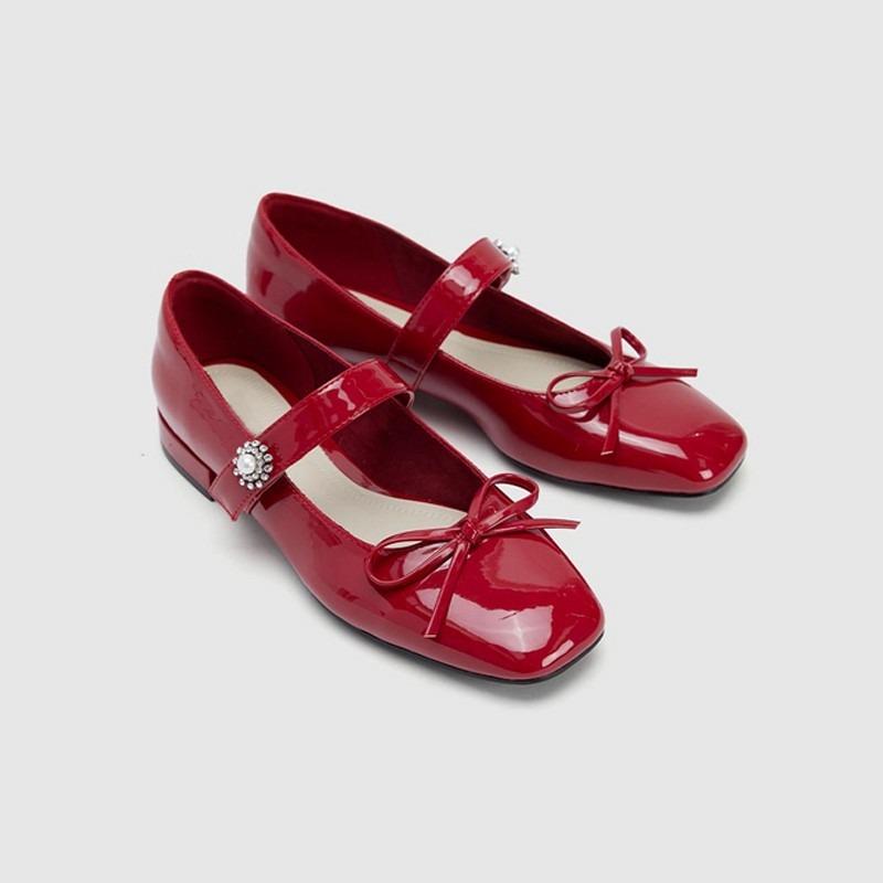 Fashion Summer New Single Head Shallow Mouth Butterfly Knot Patent Leather Crystal Buckle Line with Soft Sole Non-slip Flat Shoes