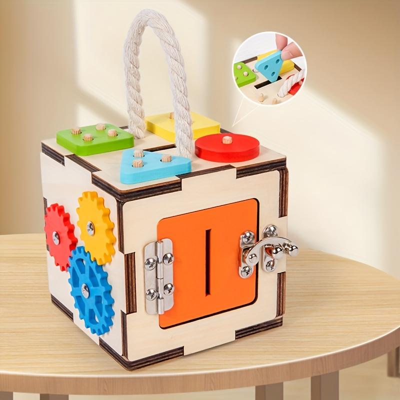 6 Sided Multifunctional Busy Box Recycled Wood Educational Toy for Youngsters 3+ Years, Hand Eye Coordination,Shape/Color Recognition Training