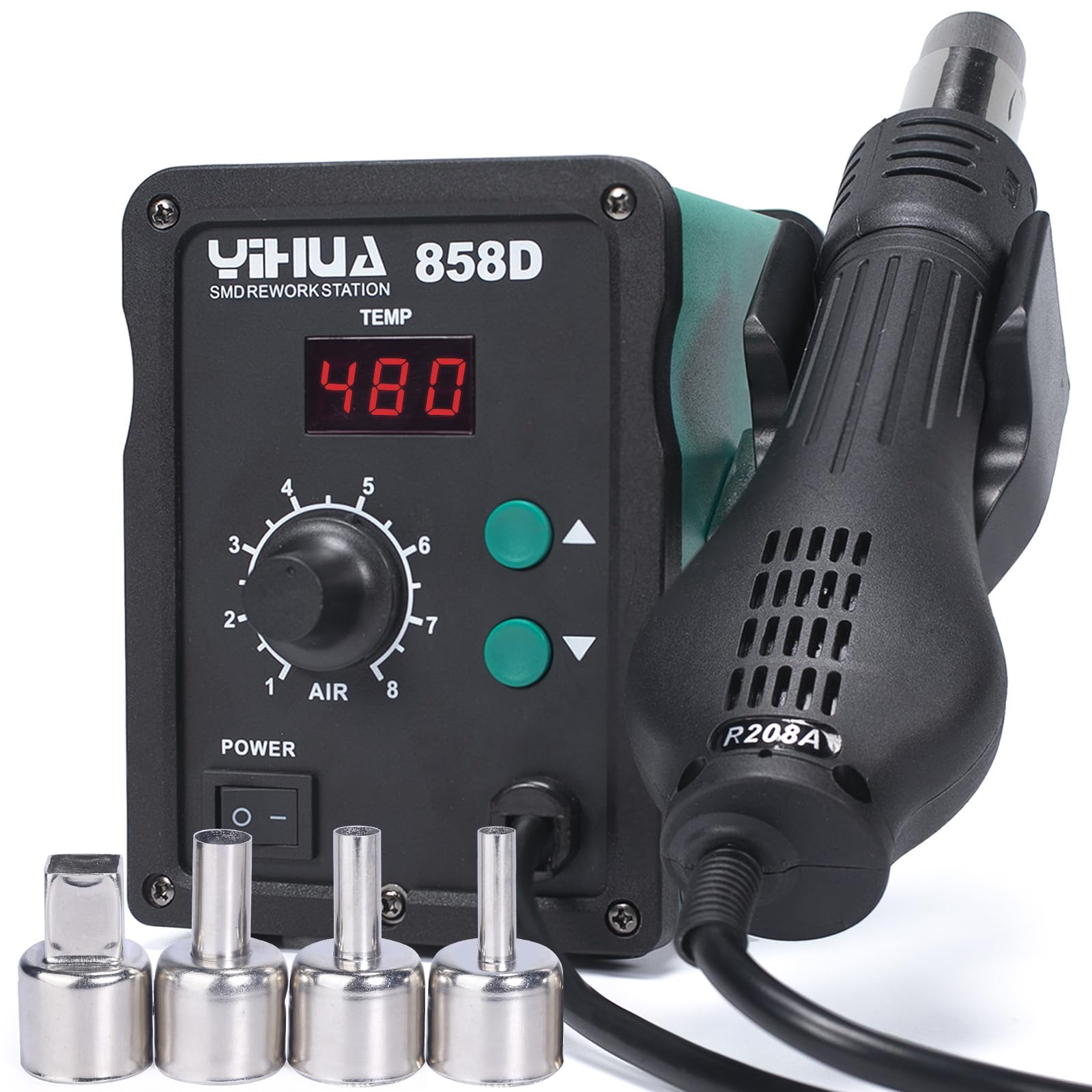 

YIHUA 858D Паяльная станция Термофен с регулируемой температурой ПИД-регулирование температуры и 3 насадки Управление потоком воздуха, Управление,
