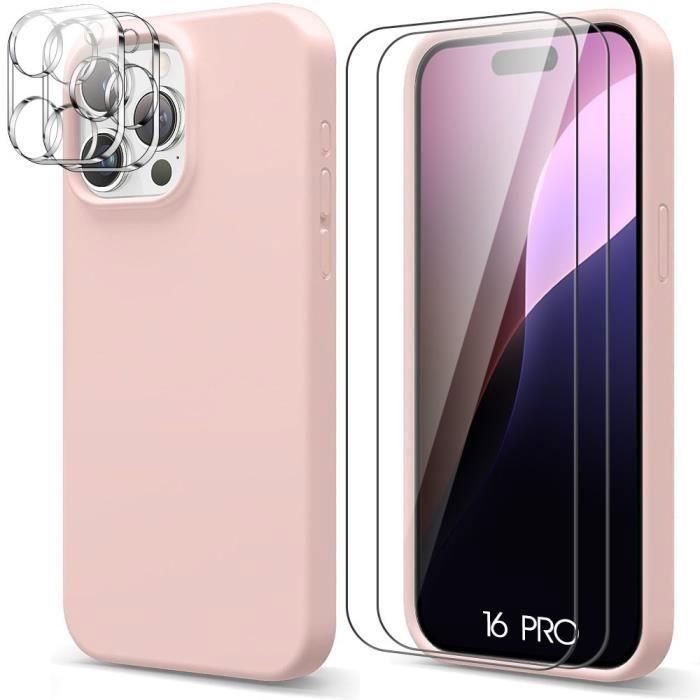 Coque de protection - booling - iphone 16 pro - silicone liquide rose - 2 verres trempés - effet mat