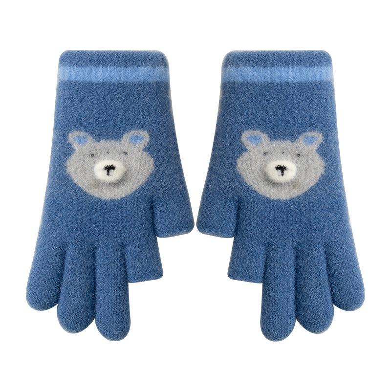 Children's Double-layer Thickened Warm Knitted Cartoon Bear Leaks Two Fingers To Write, Male Students Cold-proof Full-finger Children's Gloves