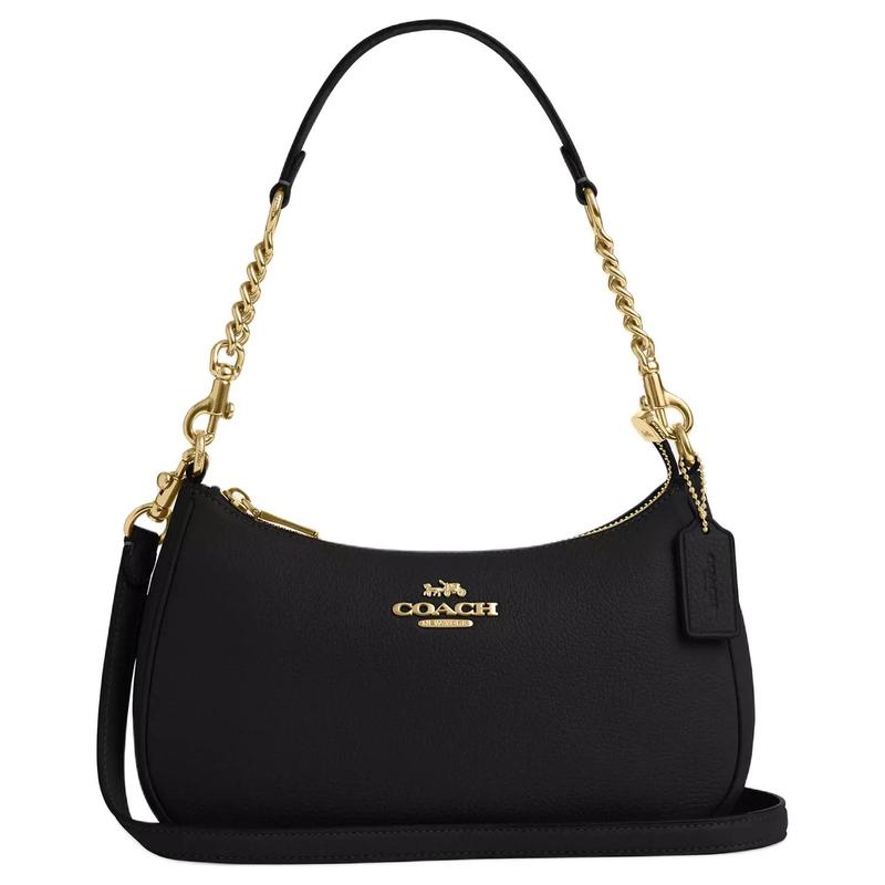 Coach Teri 24 Metalen Logo Ritsluiting Gekorreld Leer Crossbody Schoudertas Middelgroot Dames Zwart zwart