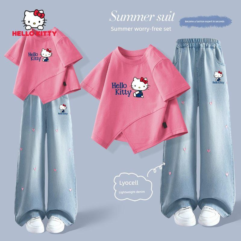 Hello Kitty Girls' Short-Sleeved Suit Summer 2025 New Style Fashionable Kidsren's Summer Clothes for Girls and Older Kidsren Jeans