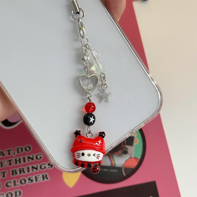 Cute Hello Kitty Mobile Phone Chain Punk Cat Keychain Pendant Anti-Lost Lanyard Phone Wrist Hanging Chain Earphone Camera Chain
