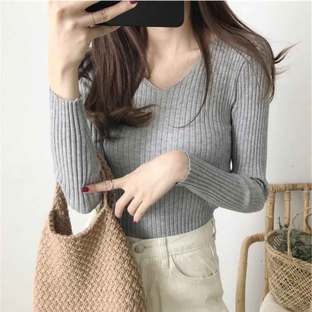 V-neck Sweater, Knitted Sweater, Women's Sweater, Stretch Sweater, Pullover Sweater, Slim Fit Sweater, Base Coat, Inner Layer, Top Coat