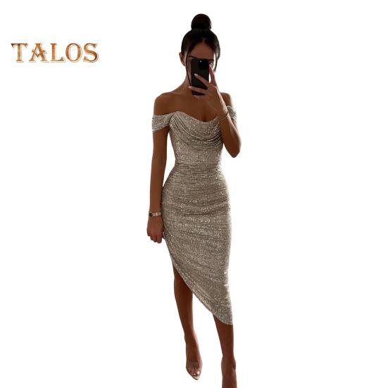 

Женское вечернее платье с открытыми плечами, без рукавов, с открытыми плечами, облегающее, с пайетками, неровным подолом, длиной до икры, с глубоким вырезом, для выпускного, свадьбы, вечеринки, официального случая, миди XL серебряный