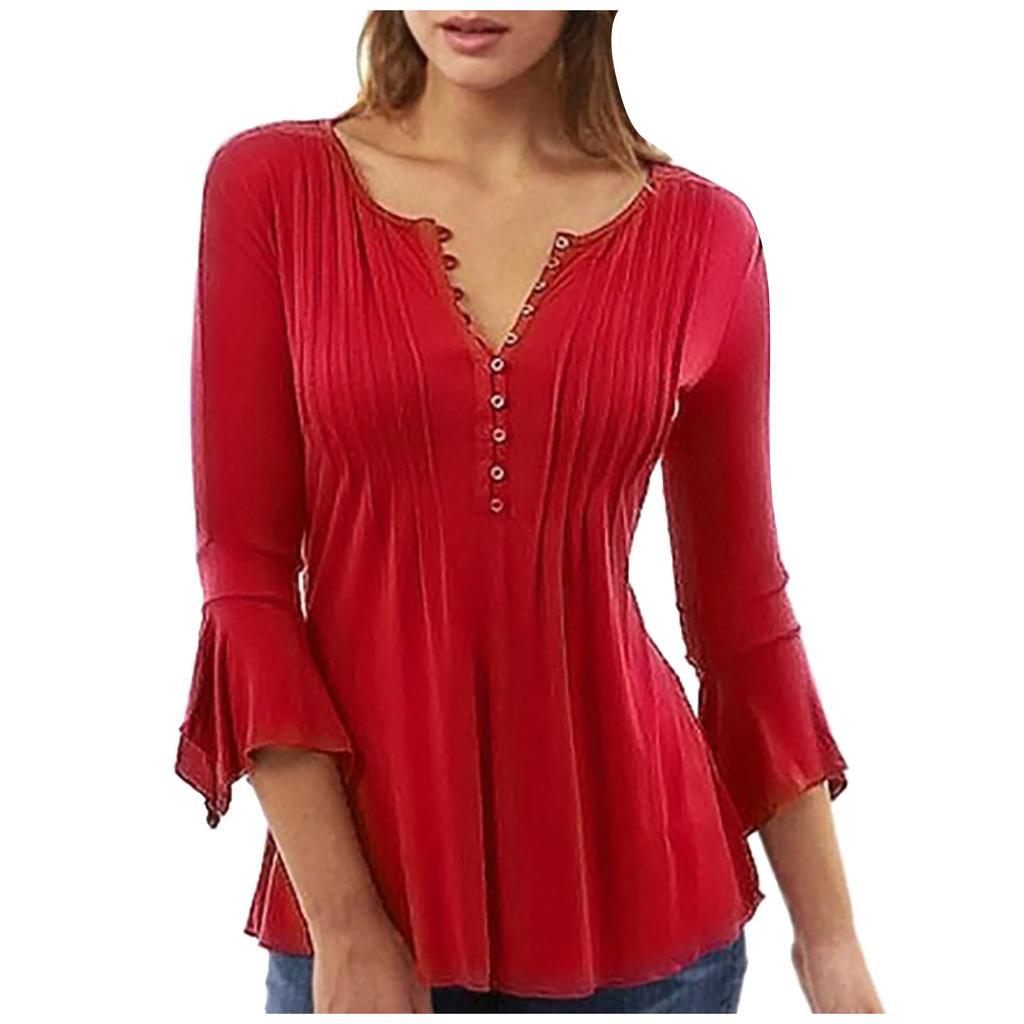 Women Summer Casual Solid Color Button Flared Sleeves T-shirt Top Blouse