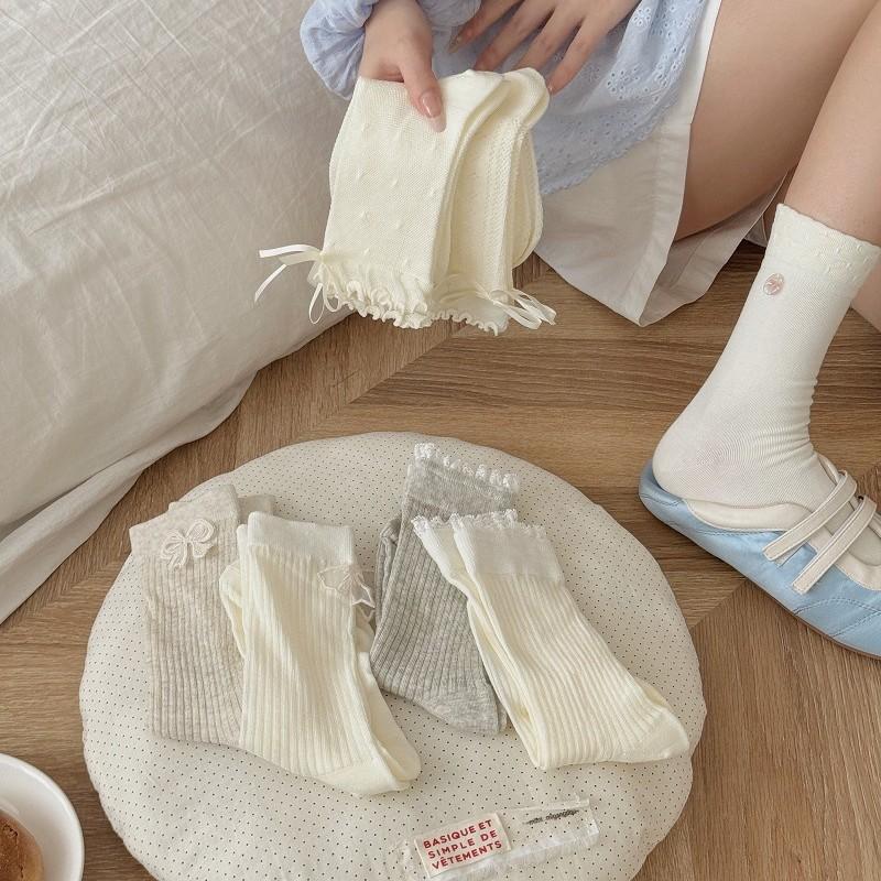 White Bow Lace Socks Summer Thin Wood Ear Edge Middle Tube Socks Korean Style Breathable Thin Socks with Leather Shoes