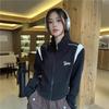 Women's Stand Collar Zip Up Jacket Cropped Long Sleeve Color Block Sweatshirt Outerwear