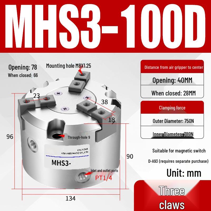 Pneumatic Gripper with Dual, Triple, and Quad Jaw Options: MHS2/3/4-16D/25D/40D/50/63D Clamping Cylinder