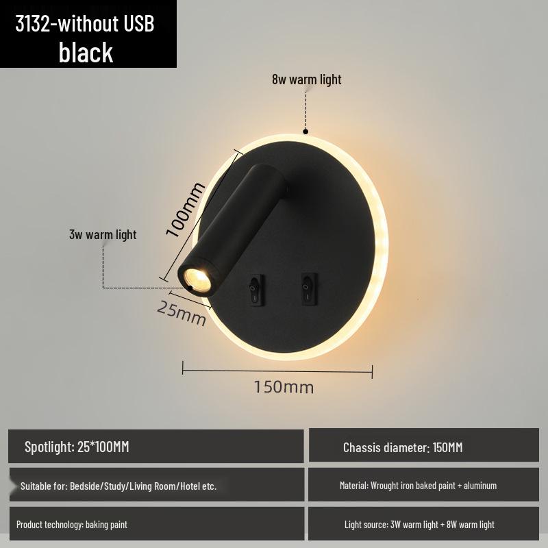 Applique Murale LED Ronde Minimaliste avec Interrupteur et Port de Chargement USB pour Chambre à Coucher Lecture