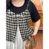 Plus size women clothing [Retro Art Long dress] Fake Two Pieces Plaid Pleat Texture Feeling Chubby Girl Autumn Sling