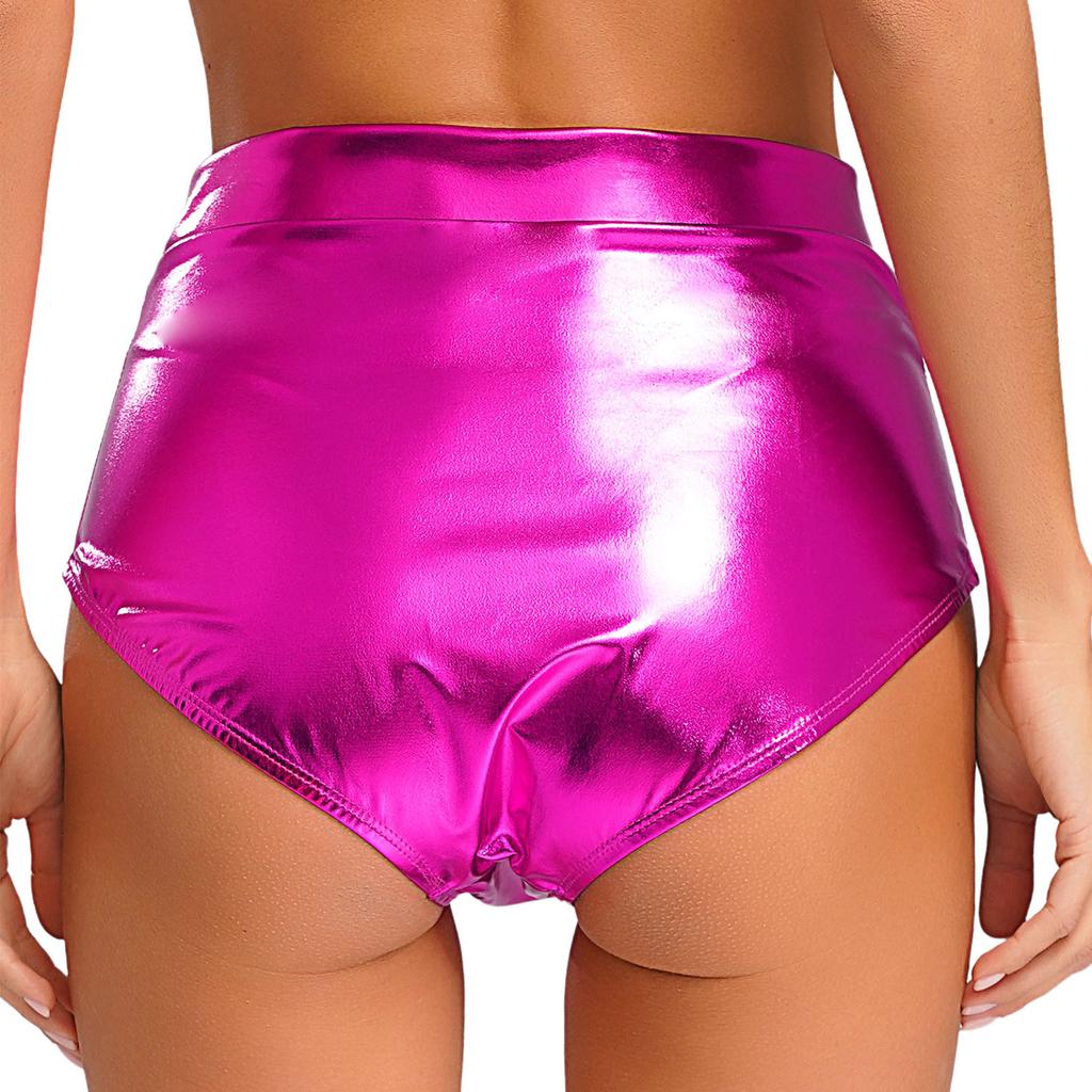 Womens Metallic Shiny Booty Shorts for Dance Parties Music Festivals and Rave Events with High Cut Design