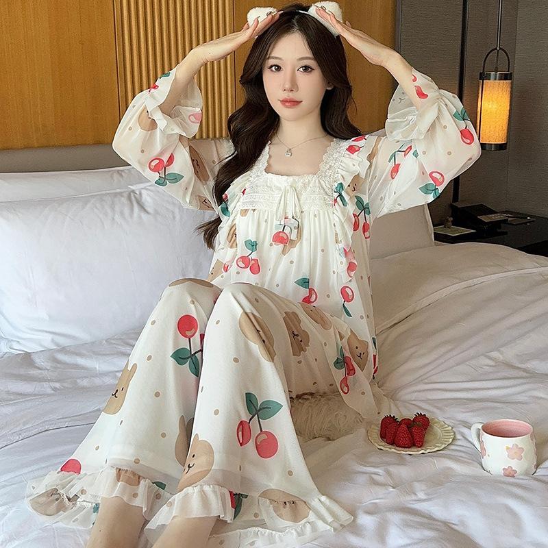 Ling Lei Spring And Autumn Printed Square Neck Lace Lace Sweet Loose Princess Wind Mesh Pajama Set Loungewear