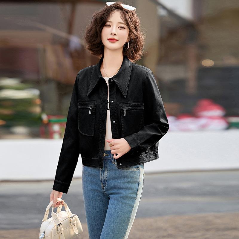 

Повседневная маленькая кожаная куртка короткая куртка женская весна и осень новая одежда в стиле локомотив отложной воротник кожаная куртка топ XL чёрный