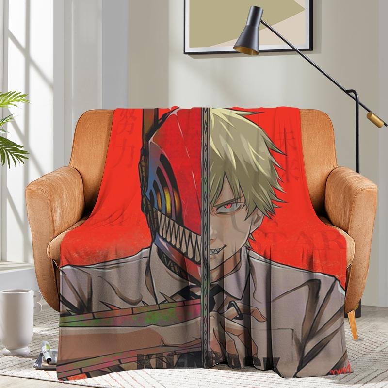 Anime Flannel Blanket Sofa Chainsaw Man Microfiber Bedding Bed Fleece Camping Warm Winter King Size Fluffy Soft Blankets