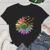 (Premium T-shirt)Funny Lgbt Sunflower Butterfly Print T-Shirts For Women Summer Round Neck Tee Shirt Femme Fashion Casual Top