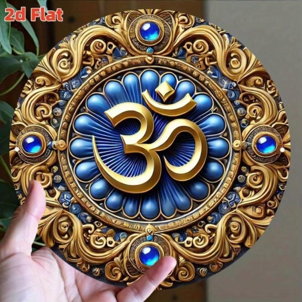 Metal Tin Sign Om Wall Art Blue Golden Geometry Meditation Decor